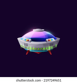 Spacecraft alien craft isolated ufo saucer ship game animation design flying glowing object icon. Vector cosmos galaxy invader satellite, spaceship extraterrestrial station, futuristic alien spaceship