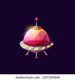 Spacecraft alien ufo saucer or disk shape ship isolated spaceship extraterrestrial station isolated cartoon cosmos galaxy invader with glass dome. Ui game animation flying object, unidentified shuttle