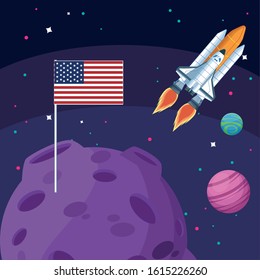 spacecraft american flag in moon planets space vector illustration