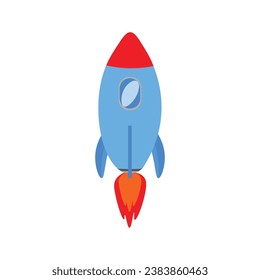 a spacecraft with blue wings and blue body isolated on white background. red cone nose. red fire