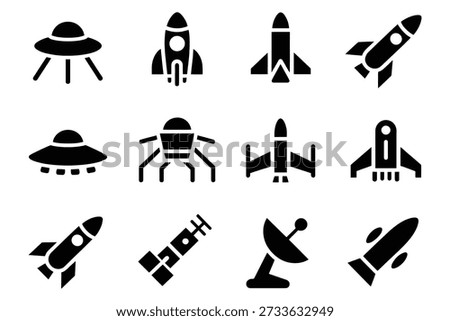 Spacecraft and celestial objects icons spaceship rocket