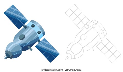 Raumfahrzeug in Farbe und Weiß mit schwarzer Umrandung auf weißem Hintergrund. Astronomische Vektorgrafik für Kindermalbuch.