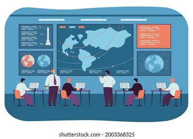 Spacecraft Command And Control Center. Flat Vector Illustration. People Launching Space Ship, Surveillance Satellites, Cosmic Mission. Space, Control, Rocket Engineering Concept For Banner Design