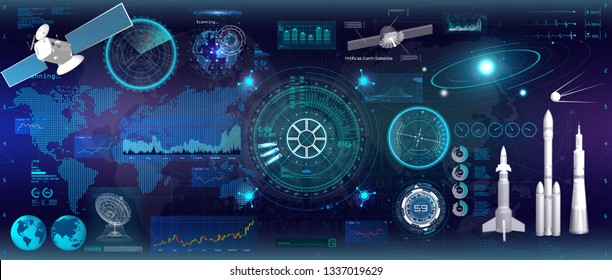 Spacecraft control panel dashboard in HUD style. Head-up display elements. Template UI for app and virtual reality. Abstract virtual graphic touch. HUD inteerface elements set. Vector illustration