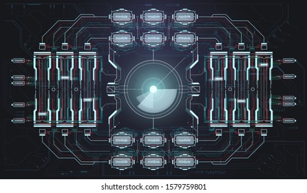 Spacecraft control panel dashboard in HUD style. Set black and white infographic display elements for the web app. Futuristic VR Head-up Display Design. FUI interface.