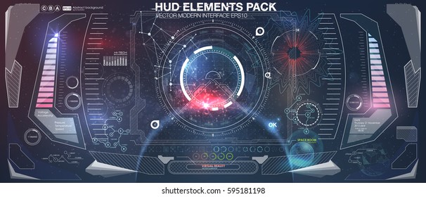 Spacecraft control panel dashboard in HUD style. View from the cockpit spaceship. Head-up display elements. Template UI for app and virtual reality. Abstract virtual graphic touch. Vector illustration