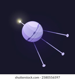 Spacecraft in cosmos, isolated space artificial satellite with signal light. Vector sphere shaped shuttle placed on orbit around celestial body. Connection and network, gps service provision