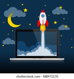 The spacecraft crashes outside laptop screen . Vector Illustration. Concept of business start-up.