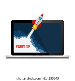 The spacecraft crashes outside laptop screen . Vector Illustration. Concept of business start-up.