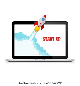 The spacecraft crashes outside laptop screen . Vector Illustration. Concept of business start-up.