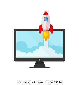 The spacecraft crashes outside monitor screen . Vector Illustration. Concept of business start-up.