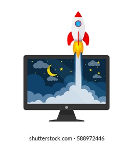 The spacecraft crashes outside monitor screen . Vector Illustration. Concept of business start-up.