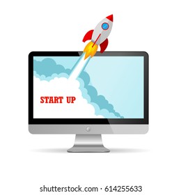 The spacecraft crashes outside monitor screen . Vector Illustration. Concept of business start-up.