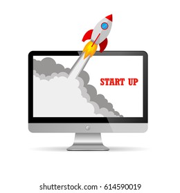 The spacecraft crashes outside monitor screen . Vector Illustration. Concept of business start-up.