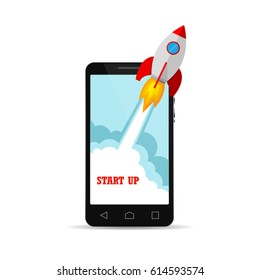 The spacecraft crashes outside smartphone screen. New business project startup development and launching new product or service. Vector illustration.