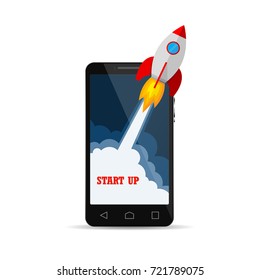 The spacecraft crashes outside smartphone screen. New business project startup development and launching new product or service. Vector illustration.
