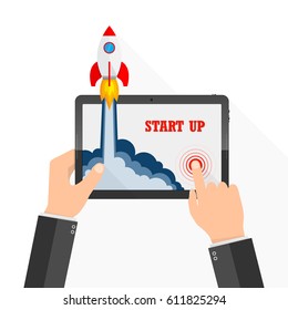 The spacecraft crashes outside tablet screen. New business project startup development and launching new product or service. Vector illustration.