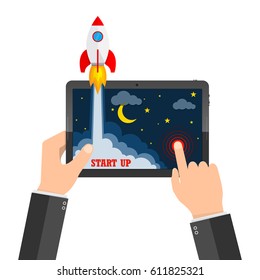 The spacecraft crashes outside tablet screen. New business project startup development and launching new product or service. Vector illustration.
