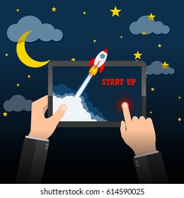 The spacecraft crashes outside tablet screen. New business project startup development and launching new product or service. Vector illustration.