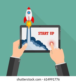 The spacecraft crashes outside tablet screen. New business project start up development and launching new product or service. Vector illustration.
