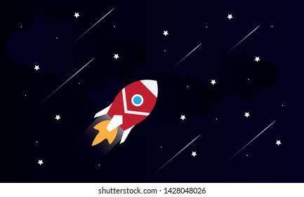Spacecraft in the dark galaxy flat, rocket, spaceship, planet, star and meteor.