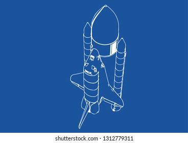 spacecraft drawing on a blue background vector