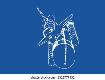spacecraft drawing on a blue background vector