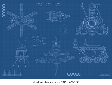 Spacecraft Drawings Blueprint Background, Retro Engineering Sketches