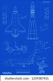 Spacecraft Engineering Blueprint. Space Rocket, Space Ship, Lunar Rover, Radio Telescope Outline