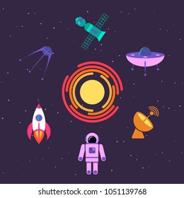 Spacecraft exploring space against the background of the starry sky and the sun.