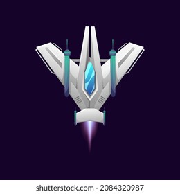 Space-craft, external galaxy explorer isolated kids toy, game asset panel element. Vector cartoon space galaxy explorer. Spacecraft, comic starship shuttle launch or takeoff, ufo travel in galaxy