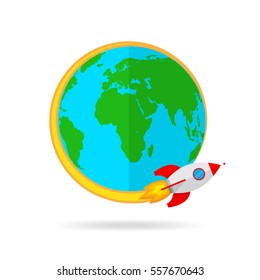 The spacecraft flies around the Earth. Colored space rocket with Globe Earth in flat design. Vector Illustration.