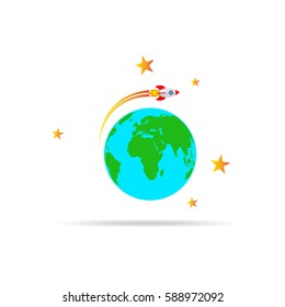 The spacecraft flies around the Earth. Colored space rocket with Globe Earth in flat design. Vector Illustration.