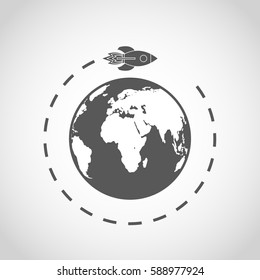 The spacecraft flies around the Earth. Gray space rocket with Globe Earth in flat design on light background. Vector Illustration.