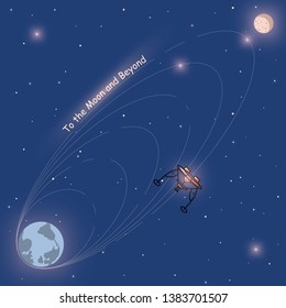 Spacecraft flies to the Moon. There is "To the Moon and beyond" text.