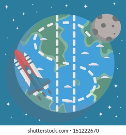 spacecraft fly dollar shape in space on world and moon background, vector