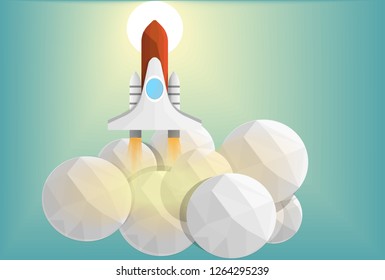 Spacecraft flying above cloudy with sunset blue sky background,low poly effect design,vector art illustration.technology mission the future concept.