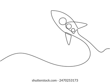 Spacecraft flying continuous line drawing. Rocket space ship launch into universe concept. Vector illustration minimalist design hand drawn.