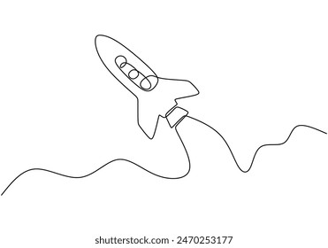 Spacecraft flying continuous line drawing. Rocket space ship launch into universe concept. Vector illustration minimalist design hand drawn.