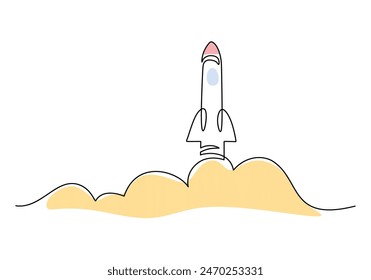 Spacecraft flying continuous line drawing. Rocket space ship launch into universe concept. Vector illustration minimalist design hand drawn.