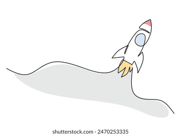 Spacecraft flying continuous line drawing. Rocket space ship launch into universe concept. Vector illustration minimalist design hand drawn.
