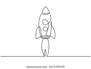 Nave espacial volando dibujo de línea continua. Lanzamiento de nave espacial cohete al concepto del universo. Ilustración vectorial diseño minimalista dibujado a mano.