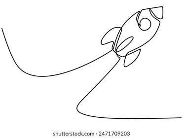 In: Spacecraft Flying Continuous Line Drawing. Raketen-Raumschiff startet ins Universum-Konzept. Vektorillustration minimalistisches Design von Hand gezeichnet.