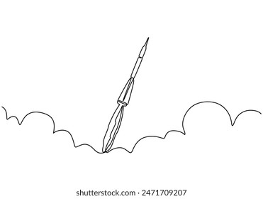 Spacecraft flying continuous line drawing. Rocket space ship launch into universe concept. Vector illustration minimalist design hand drawn.