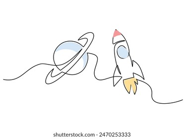 Spacecraft flying to saturnus planet continuous line drawing. Rocket space ship launch into universe concept. Vector illustration minimalist design hand drawn.