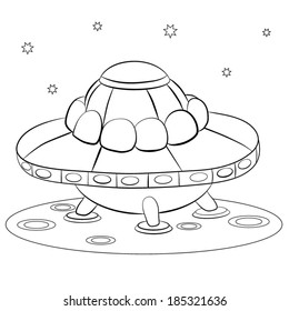 Spacecraft - a flying saucer on the surface of an unknown planet on the starry cosmos. Coloring book.