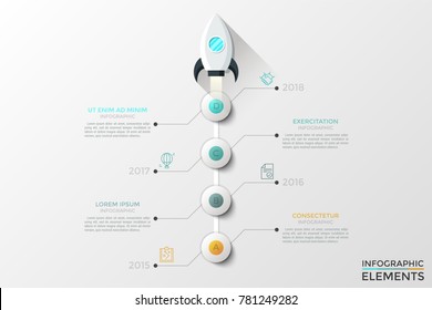 Spacecraft flying up, 4 round lettered elements arranged in vertical row and year indication. Concept of four annual steps of project development. Infographic design template. Vector illustration.