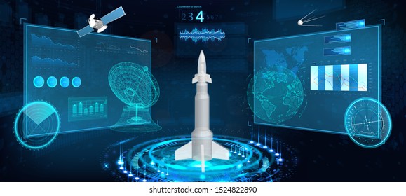 Spacecraft futuristic HUD panel. Space launch rocket with isometric high-tech interface. Sky-fi dashboard , instrument panel, radars, space dish, 3d spaceship, space satellite in the HUD style. Vector