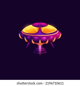 Spacecraft futuristic ufo starship alien craft isolated glowing saucer. Vector cartoon ship flying glowing object icon. Cosmos galaxy invaders extraterrestrial station, futuristic alien spaceship