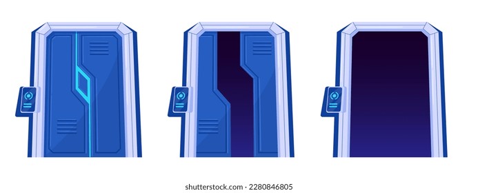 Spacecraft gateway. Cartoon closed and open spaceship gates, futuristic ship doors, control room door flat vector illustration set